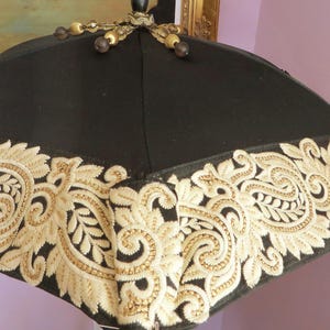 VICTORIAN PARASOL UMBRELLA in Black Satin and Elegant Wide Tan and Gold Trim with Beaded Tip   Second Line Reenactment