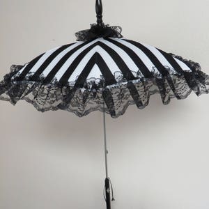 SEE SHOP NOTICE Victorian Walking Stick Parasol Umbrella in Elegant Black and White Stripe Satin with Lace Ruffle Handle Civil War image 2