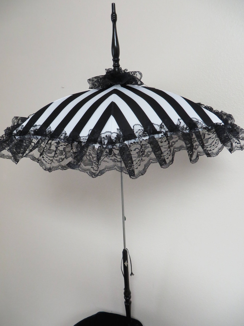 SEE SHOP NOTICE Victorian Walking Stick Parasol Umbrella in Elegant Black and White Stripe Satin with Lace Ruffle Handle Civil War image 2