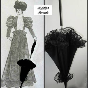 SEE SHOP NOTICE Victorian Walking Stick Parasol Umbrella in Elegant Black Satin with Lace Ruffle w/Long Handle Civil War Wedding Goth image 1