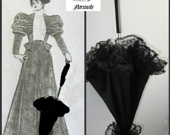 Victorian "WALKING STICK" PARASOL Umbrella in Elegant Black Satin with Lace Ruffle w/Long Handle Civil War Wedding Goth