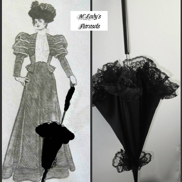 SEE SHOP NOTICE***  Victorian "Walking Stick Parasol" Umbrella in Elegant Black Satin with Lace Ruffle w/Long Handle Civil War Wedding Goth