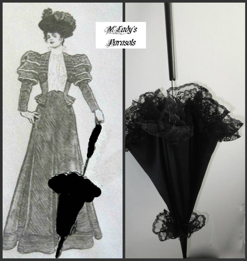 SEE SHOP NOTICE Victorian Walking Stick Parasol Umbrella in Elegant Black Satin with Lace Ruffle w/Long Handle Civil War Wedding Goth image 1