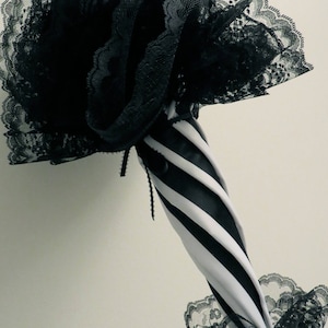 SEE SHOP NOTICE Victorian Walking Stick Parasol Umbrella in Elegant Black and White Stripe Satin with Lace Ruffle Handle Civil War image 5