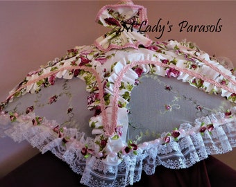 VICTORIAN PARASOL UMBRELLA in Rose Fabric and Rose Embroidered Mesh with Pearls/Roses Wedding Second Line Flower Girl Pageant Southern Belle