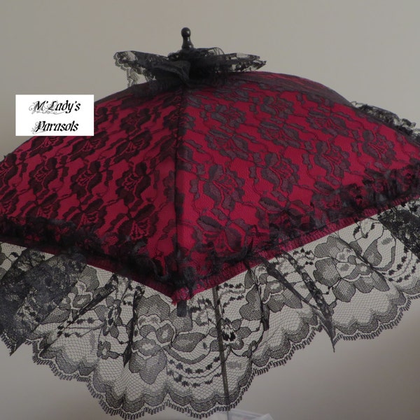 SEE SHOP NOTICE**   Victorian Parasol Umbrella in Deep Red Satin with Black Lace Overlay w/ Black Lace Ruffle Renaissance Mourning Steampunk