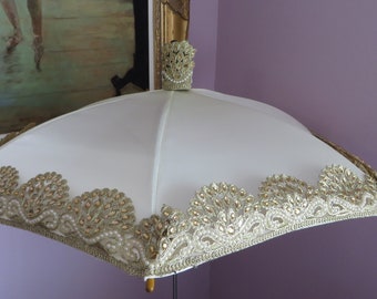 SEE SHOP NOTICE**   Victorian Parasol Umbrella in Candlelight Satin and Wonderful Gold Metallic Gold Jewels and Pearls Wedding Reenactment
