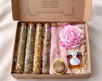Tea Gift for Mom – Relaxing Herbal Tea Gift Set with Honey, Candle & Infuser, Birthday or Mother’s Day Gift