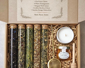 Tea Gift Box – 5 Teas, Honey, Candle & Infuser – Classic or Floral Selection
