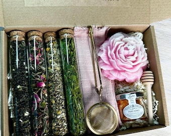 Tea Gift for Her – Floral Loose Leaf Tea Set with Peony Candle & Honey