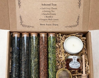 Loose Leaf Tea Gift Set – 5 Teas, Honey, Candle & Infuser – Classic or Floral Selection