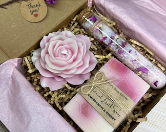 Pink Spa Gift Box for Her, Handmade Candle and Soap Set