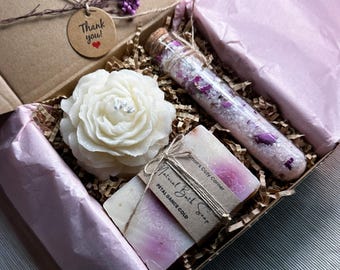 Spa Gift Box, Handmade Self Care Gift with Candle, Soap & Bath Salts