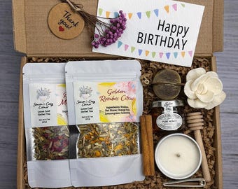Birthday Tea Gift Box for Her, Herbal Tea Gift Set with Honey and Candle, Relaxing Cozy Birthday Present