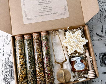 Christmas Tea Gift Box for Her, Cozy Holiday Gift Set with Herbal Tea, Snowflake Candle, Honey & Tea Infuser