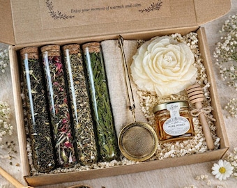 Tea Gift Box for Tea Lovers with Candle & Honey – Self Care Loose Leaf Tea Sampler