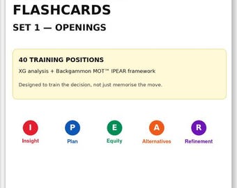 Backgammon Opening Flashcards PDF | 40 Expert Positions with XG Analysis & IPEAR | Digital Study Cards | Beyond the Board Set 1