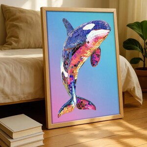 Disco Ball Orca Poster, Mirror Tile Killer Whale Wall Art Print