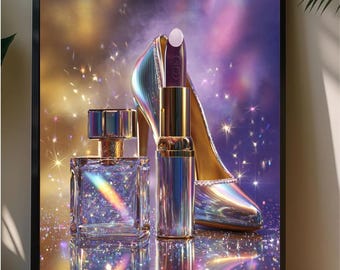 May include: A framed wall art print featuring a square glass perfume bottle, a metallic lipstick tube, and a high-heeled pump shoe. The composition is set against a vibrant, sparkling purple and gold background with light flares and glitter.