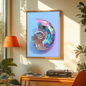 May include: A rectangular wall art print featuring a nautilus shell covered in reflective, multi-colored disco ball tiles. The shell is centered against a solid light blue background, creating a vibrant contrast with the iridescent, shimmering surface.