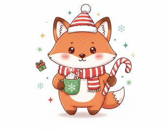 Puede incluir: Ilustración de un zorro de dibujos animados con gorro y bufanda a rayas rojas y blancas, sosteniendo un bastón de caramelo y una taza verde de chocolate caliente. Estrellas, copos de nieve y un pequeño regalo.