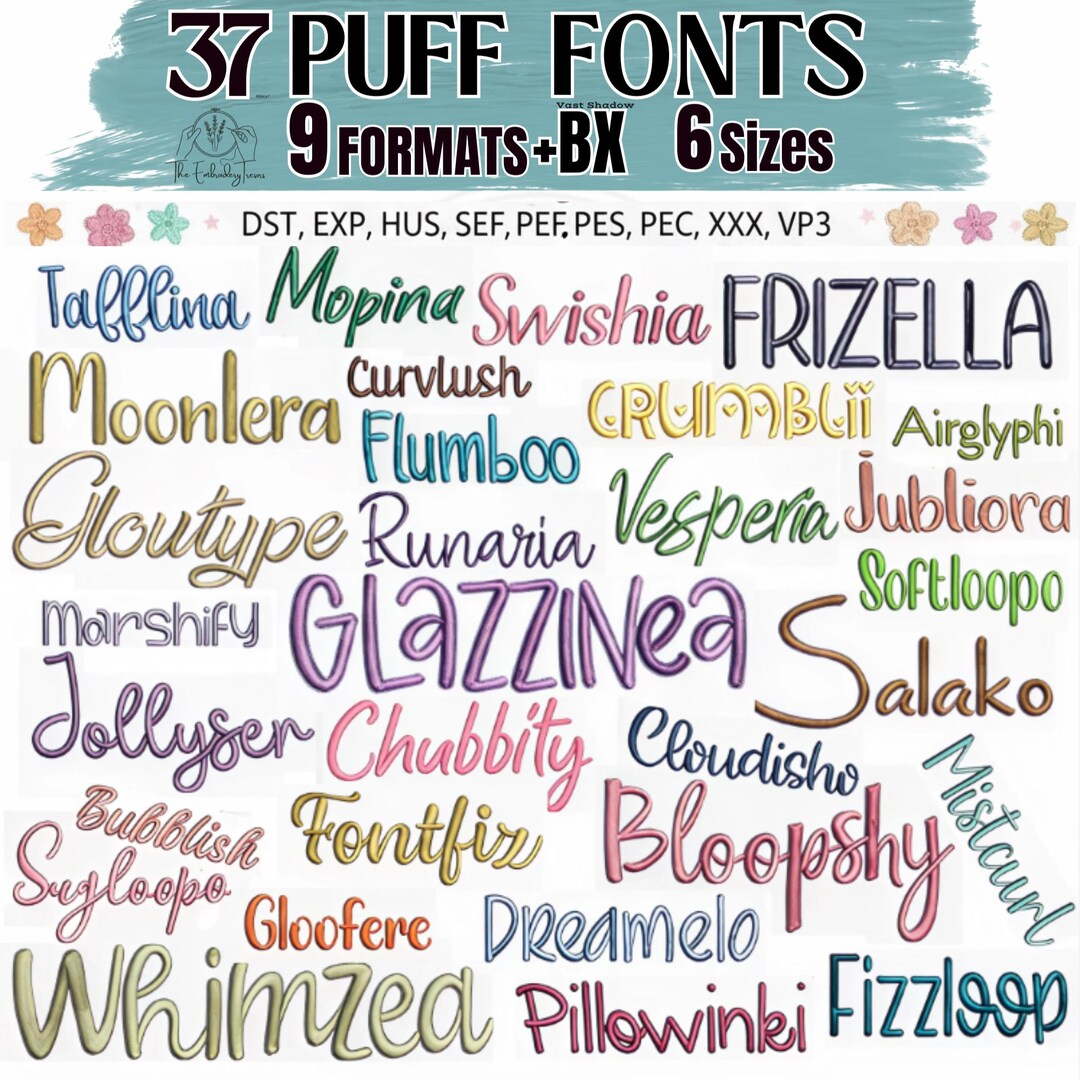 37 Puff Embroidery Font Bundle - 3D PUFF Font Machine Embroidery ...