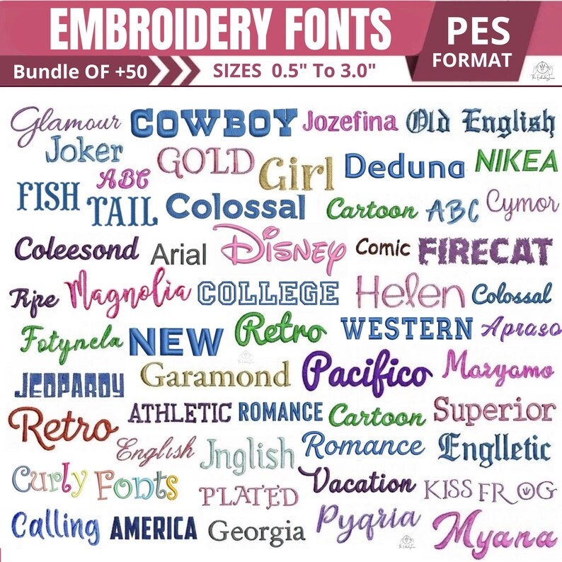 51 Machine Embroidery Fonts Bundle | PES Format | Script Serif Varsity ...