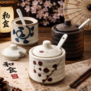 Peut inclure: Ensemble de trois pots à condiments en céramique avec couvercles et cuillères. Les pots sont cylindriques, avec une base crème et des motifs décoratifs rouge foncé et bleu. Un pot a un glaçage brun foncé. Baguettes et texte japonais en arrière-plan.