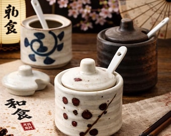 Japanese Ceramic Condiment Jar with Lid & Spoon — Wabi-Sabi Kitchen Pot