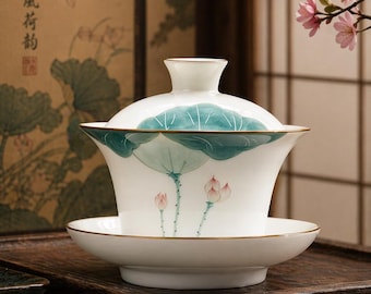 磁器製蓋碗茶碗セット 中国製工夫茶器 手描き蓮模様