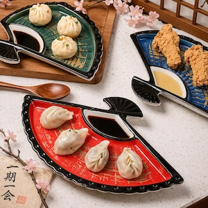 Japanese Fan Shaped Ceramic Plate – Built-in Sauce Dish – 4 Colors