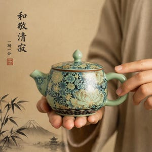 Chiński czajniczek z celadonu — ręcznie malowany ceramiczny dzbanek w kolorze złotym z kwiatowym wzorem i zaparzaczem