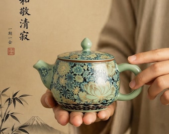 Chinese Celadon Teapot — Hand Painted Floral Gold Ceramic Pot with Infuser
