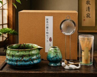 Set de regalo japonés para matcha: cuenco de cerámica Galaxy para chawan, batidor, tamizador y soporte para gatos.