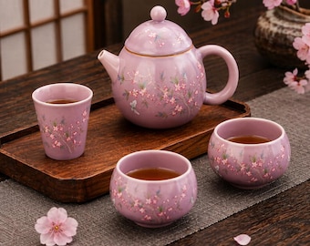 Juego de té japonés de viaje, tetera portátil de cerámica, tazas, caja de regalo Sakura