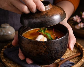 Japanese Ceramic Bowl with Lid 10.5cm – Miso Soup Rice Dessert Bowl – Handcrafted Glazed Covered Bowl – Asian Dinnerware – Japanese Kitchen