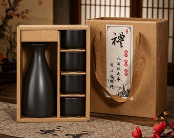 Matte Black Sake Set – Ceramic Tokkuri 4 Cups – Japanese Bar Gift
