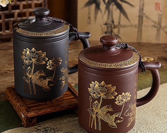 Chinese Ceramic Tea Mug with Infuser – Lotus Koi Teacup with Lid 450ml Gift
