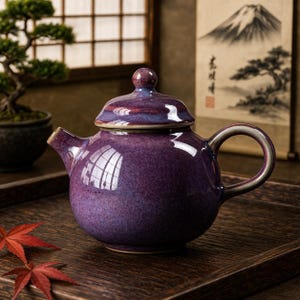 Peut inclure: Une théière en céramique violette avec un couvercle et une anse assortis. La théière est ronde avec une finition brillante et repose sur un plateau en bois. L'arrière-plan comprend un bonsaï et une peinture de style japonais.