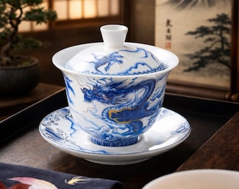 Xícara de chá Gaiwan de porcelana chinesa — Conjunto tradicional com tampa e pires pintados à mão