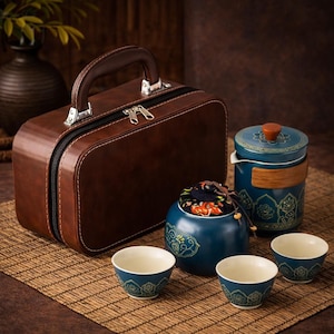 Könnte beinhalten: Ein braunes Leder-Teeset-Etui mit Reißverschluss, Griff und silbernen Beschlägen. Das Set enthält eine blaue Teekanne, Tassen und einen blauen Keramikbehälter mit floralem Design. Das Teeset steht auf einer Bambusmatte.