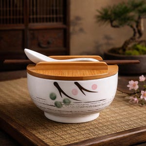 May include: White ceramic bowl with a bamboo lid, decorated with black, pink, and green floral accents. A white spoon and chopsticks rest on the lid. The bowl sits on a woven mat, suggesting a dining or serving context.