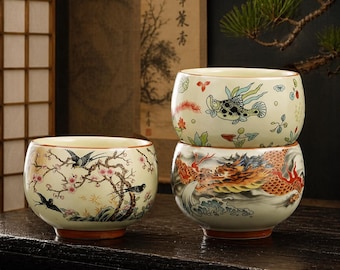 Taza de té china de cerámica pintada a mano, tipo Gongfu, con base de moneda.