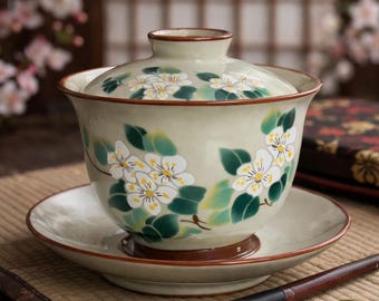 Juego de té Gaiwan de porcelana pintado a mano con taza y platillo de flores y pájaros de porcelana china