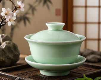 Celadon Gaiwan Tea Set Ceramic – Japanese Style Gongfu Cup with Lid Saucer