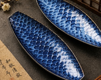 Long Blue Ceramic Serving Plate Sushi Platter Fish Scale Design Dish