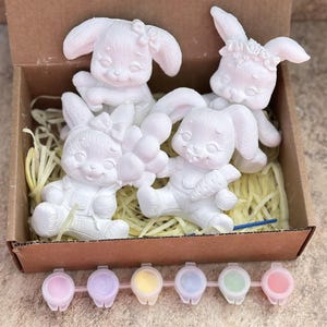 May include: A craft kit with four white ceramic bunny figurines in a cardboard box, paint pots, and a paintbrush. The bunnies have bows and a flower crown. The paint pots are in pastel shades. The kit is for painting.