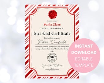 Certificat imprimable de la belle liste du père Noël (téléchargement numérique)