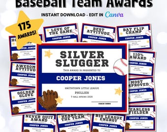 Lot de récompenses d'équipe de baseball | 175 certificats modifiables (téléchargement numérique)