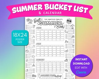 Calendrier modifiable liste de seaux d'été imprimable | Affiche d'activités estivales en famille | 18 x 24 et 8,5 x 11